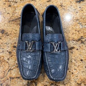 Louis Vuitton Navy Croc Leather Loafers with Silver LV Hardware